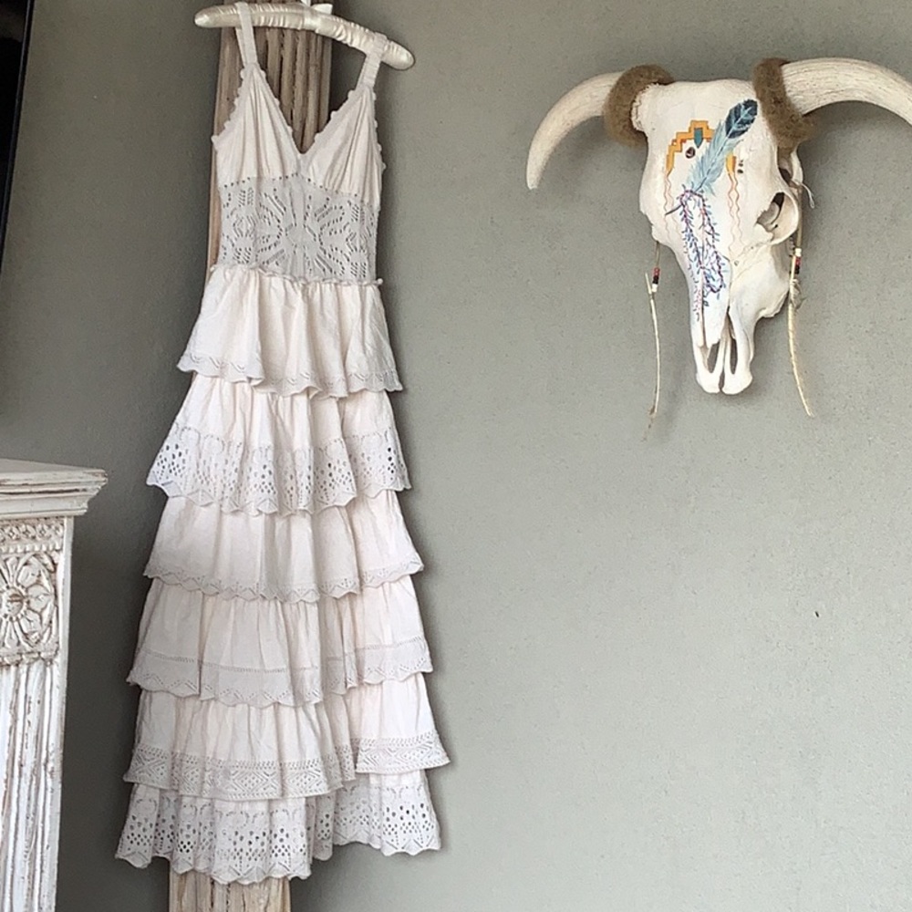 Small Size Anthropologie Tiered Ruffle Cream Lace Maxi Dress - Cecilia Prado